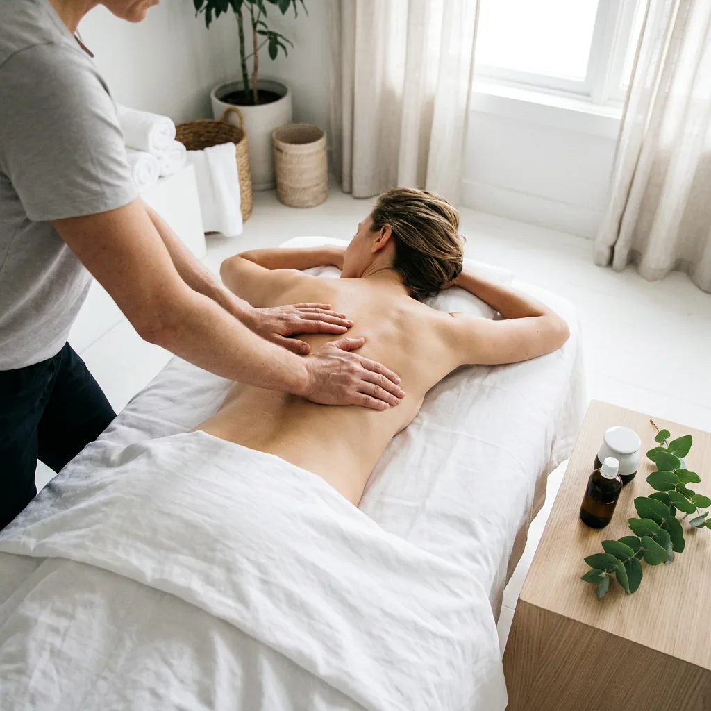 A therapist working with both palms along the muscles either side of the spine while the guest lies face down under a white sheet