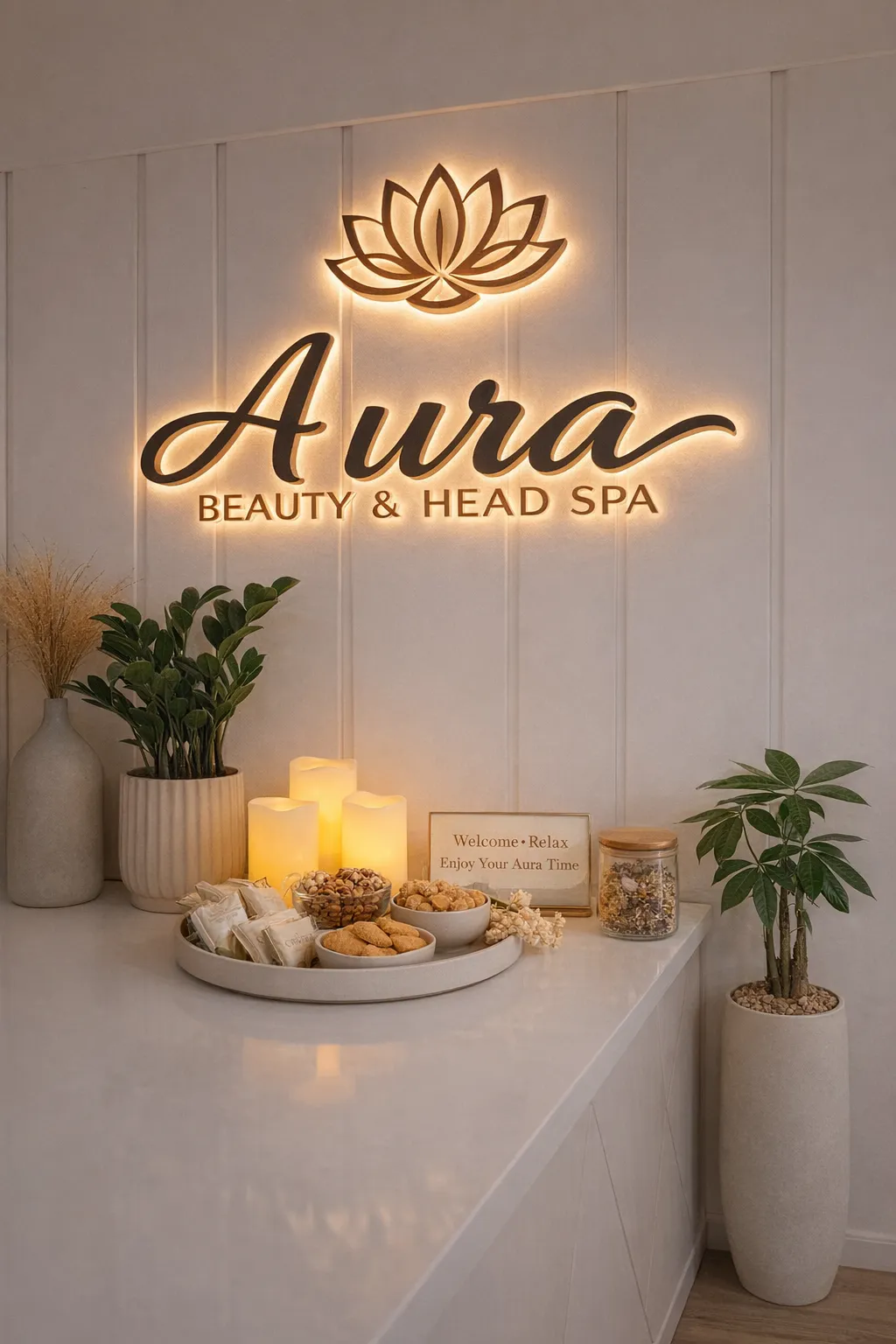 The welcome counter at Aura in Issaquah under the backlit gold lotus and Aura wordmark, with lit candles and refreshments set out